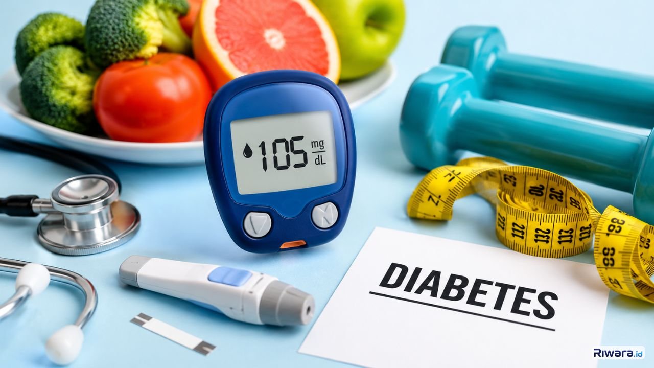 Ilustrasi alat cek gula darah dan pola hidup sehat untuk mencegah serta mengontrol Diabetes Mellitus